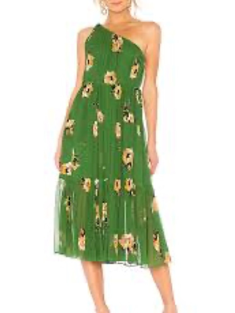 A.L.C. One-Shoulder Green Floral Pleated Midi Dress